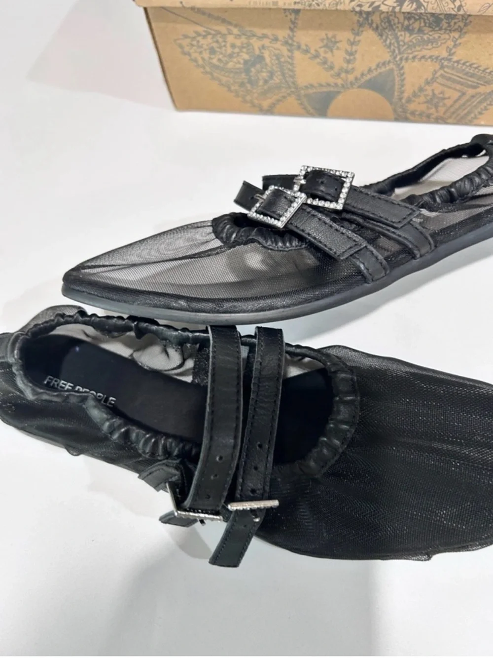 Free people Black Square-Toe Mary Jane Flats with Crystal Buckle Straps